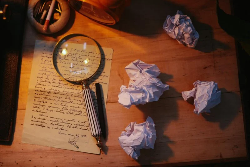 Magnifying glass over handwritten document on a wooden desk with crumpled papers, illustrating analyzing evidence and testing a research hypothesis.