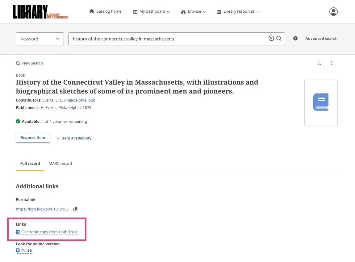 Screenshot of the Library of Congress catalog online showing search results and links to electronic copies in digital collections.