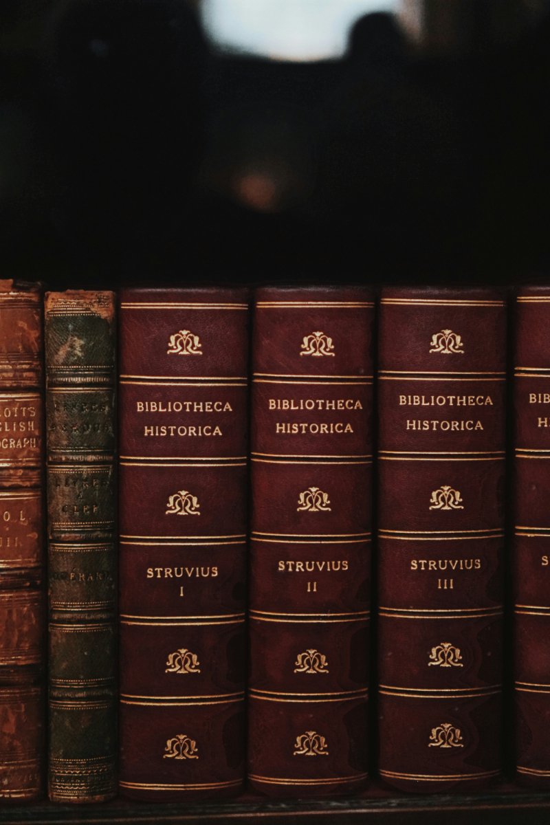 Shelf of antique leather-bound history and reference books in a research library, reflecting the historical resources commonly used for Quebec genealogy, family history research, and understanding French Canadian ancestral records.