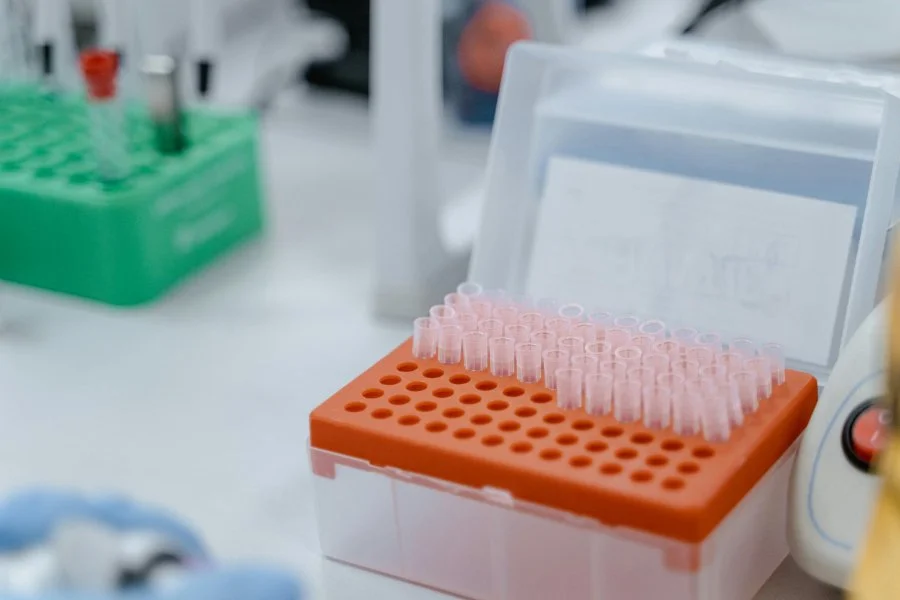 Close-up of lab equipment with rows of small sample tubes in a testing rack, representing the science behind the best DNA tests used to analyze genetic data for ancestry and family history research.