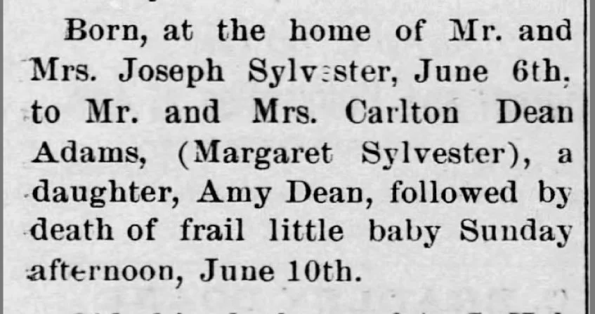 Birth and death announcement of Amy Dean