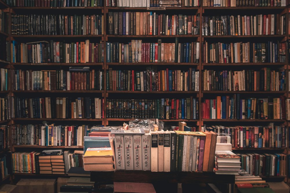 Cozy library shelves filled with books behind a table stacked with old volumes, a classic genealogy library vibe for browsing local history sources and research guides.