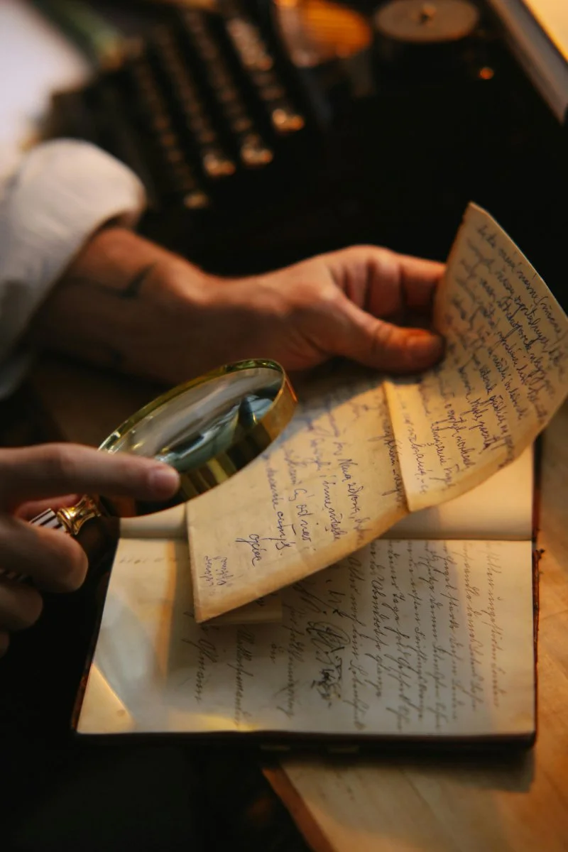 A researcher uses a magnifying glass to study a handwritten letter. Analyzing historical documents, identifying clues, and interpreting difficult handwriting are common tasks when you hire a genealogist to investigate your family history.