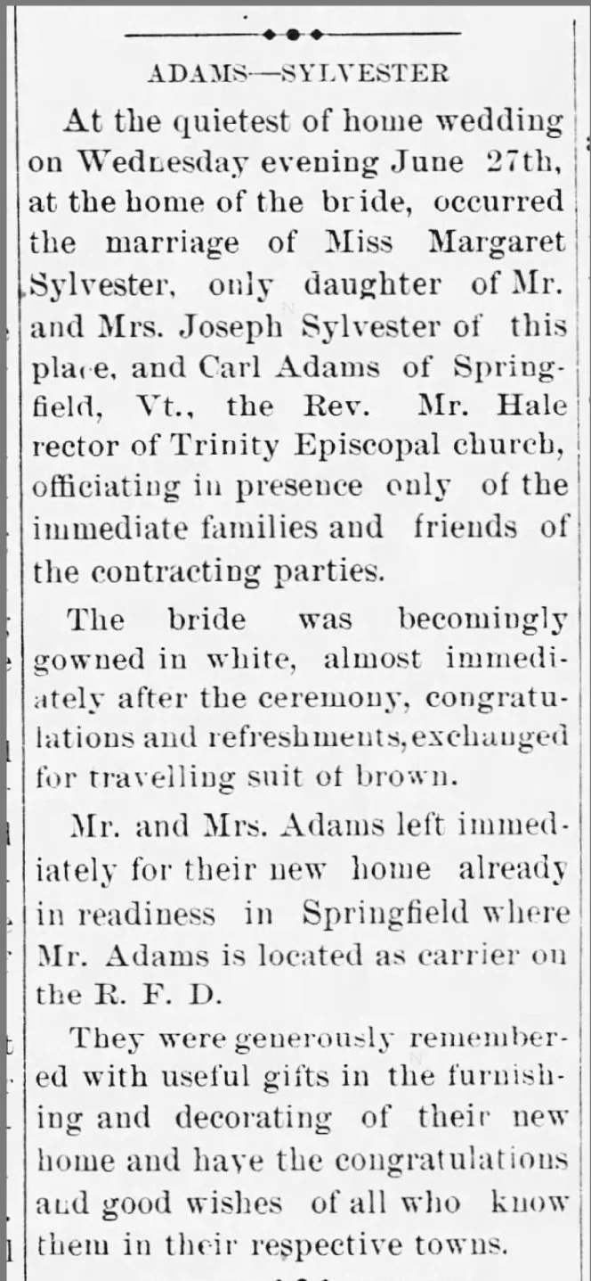 Marriage announcement describing wedding of Margaret Sylvester and Carlton Dean
