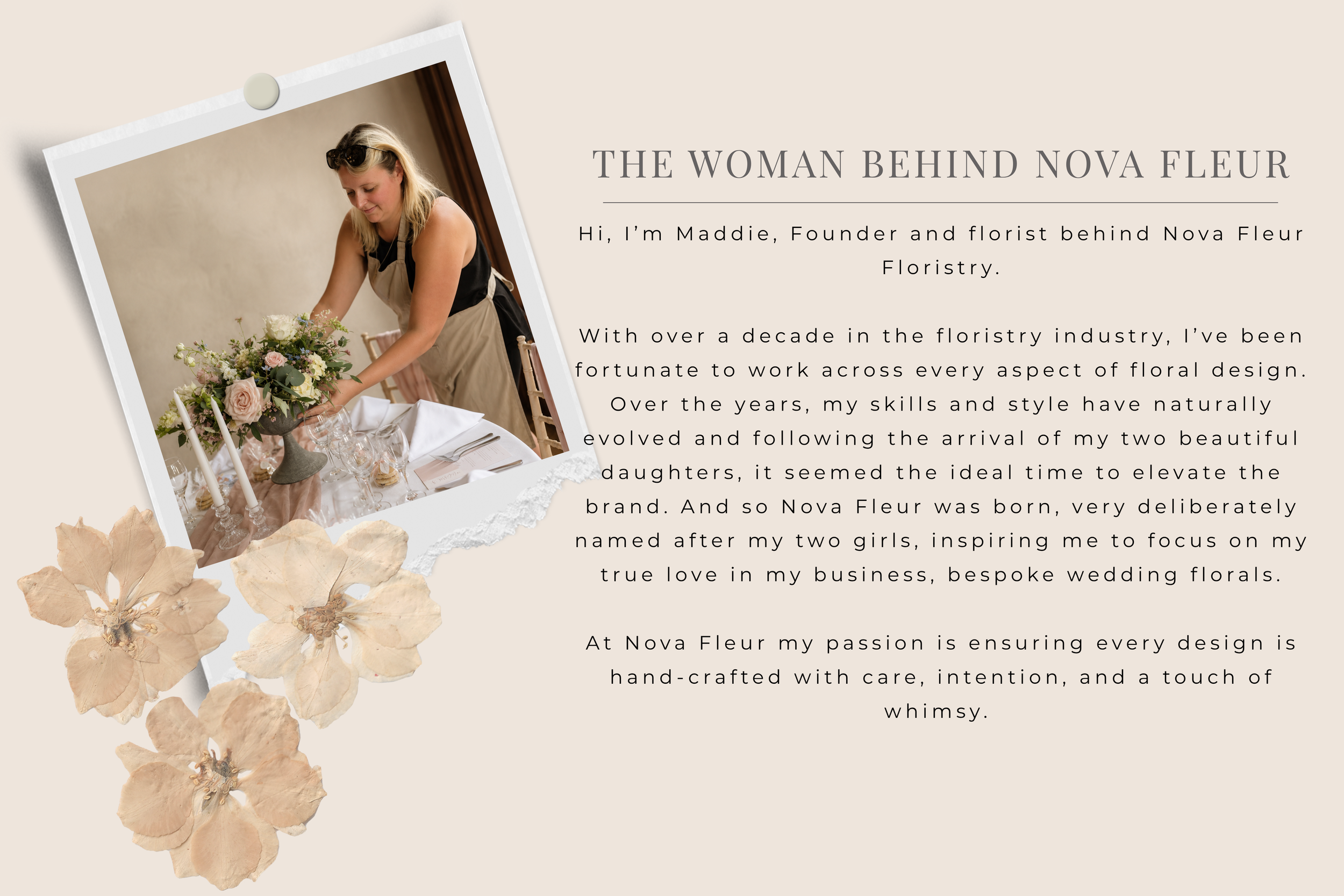 Founder and florist Maddie of Nova Fleur Floristry, creating bespoke wedding flowers with over a decade of experience and a romantic, whimsical design style.
