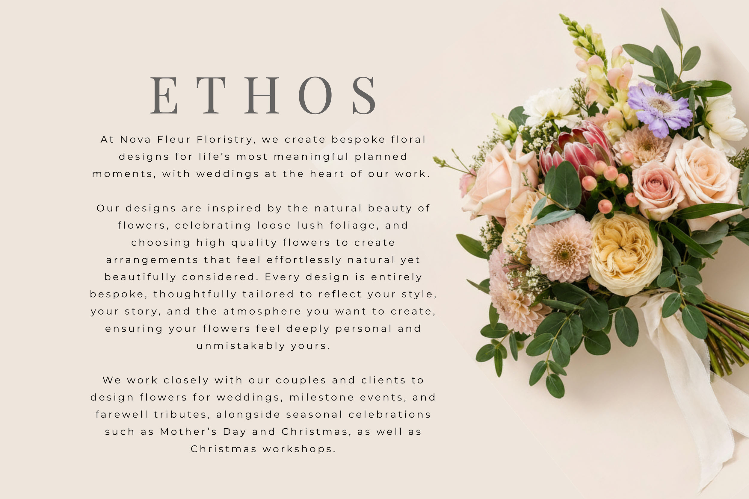 Bespoke floral designs by Nova Fleur Floristry for weddings, milestone celebrations, farewell tributes and seasonal occasions, featuring natural, romantic arrangements with lush foliage and premium blooms.