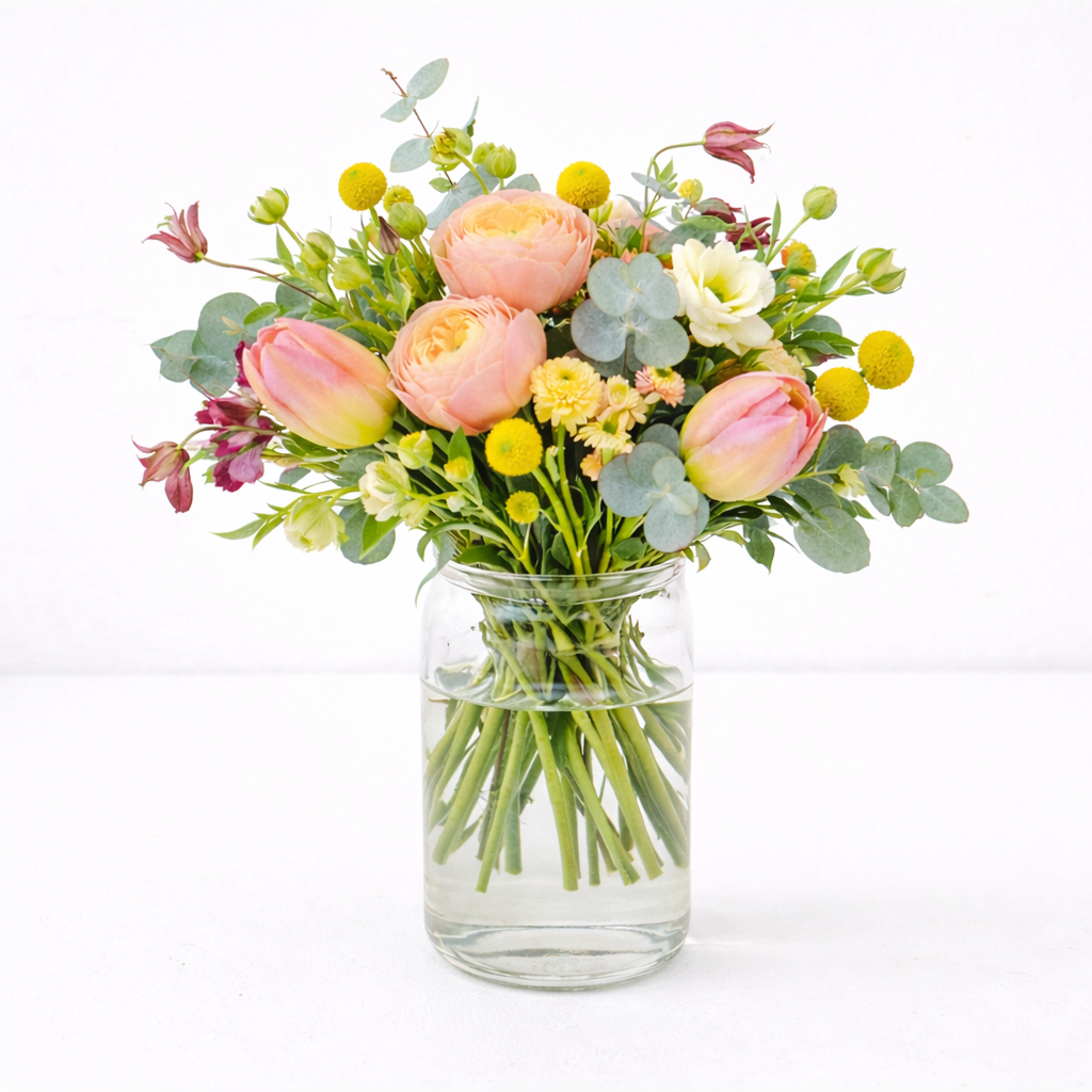 Fresh flowers in a glass jar.png