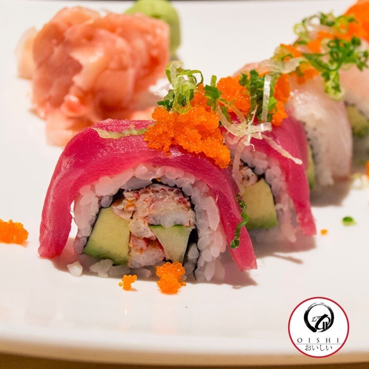 Try our Rainbow Roll, it's better than the pot of gold at the end of the rainbow. Crab Meat, Cucumber, Avocado, Green Onion, Smelt Eggs, Tuna, Salmon, Sea Bass, And Yellowtail. 
-
-
-
-
-
-
-
-
-
 Oishistl.com | Chesterfield: (636) 530-1198 | Creve C