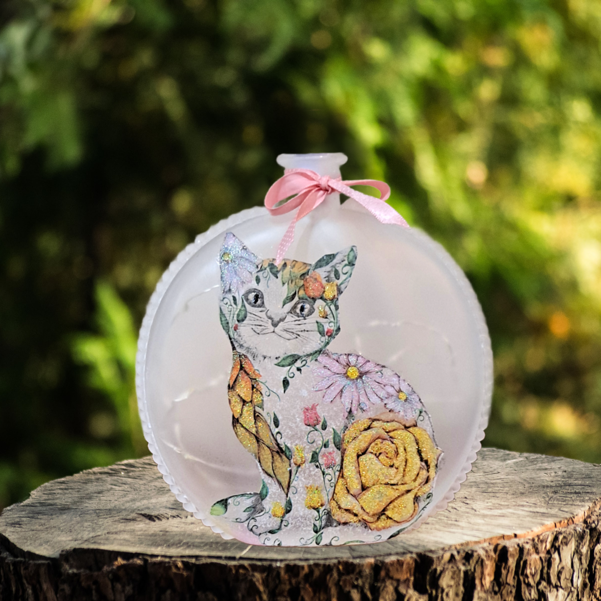 Boho Floral Cat - Decoupage Bottle Light