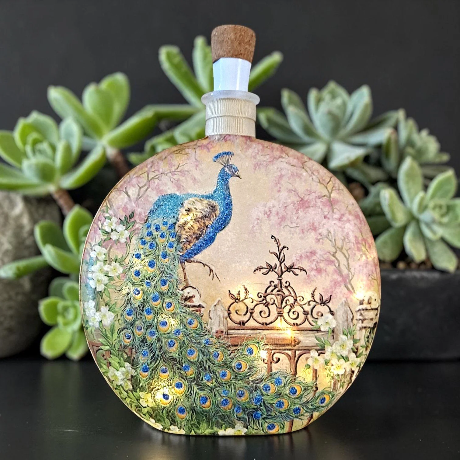 Vintage Peacock - Decoupage Bottle Light
