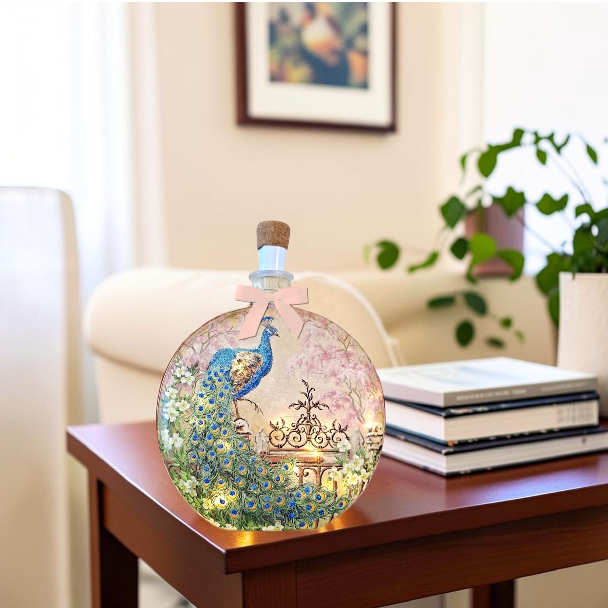 Vintage Peacock - Decoupage Bottle Light