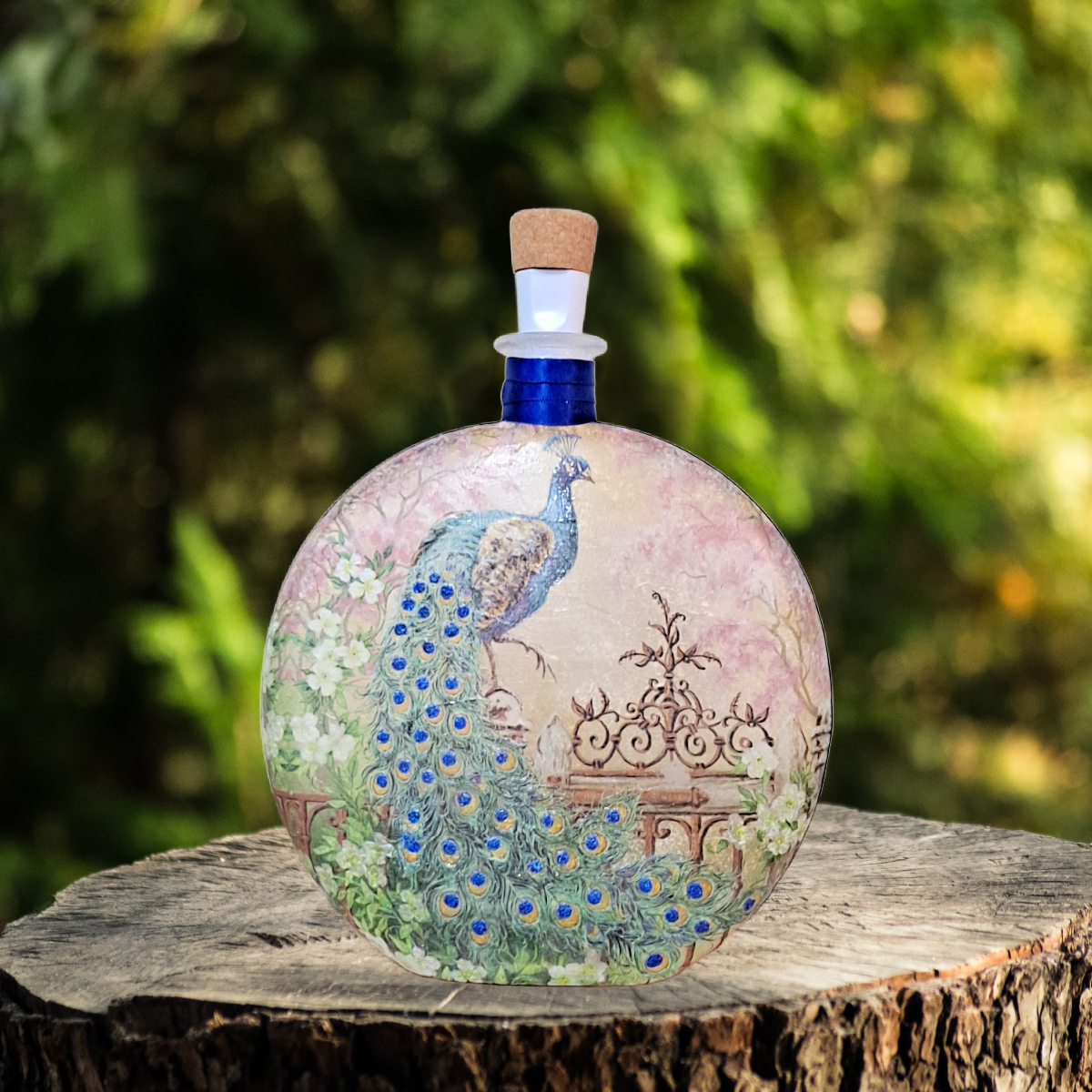 Vintage Peacock - Decoupage Bottle Light