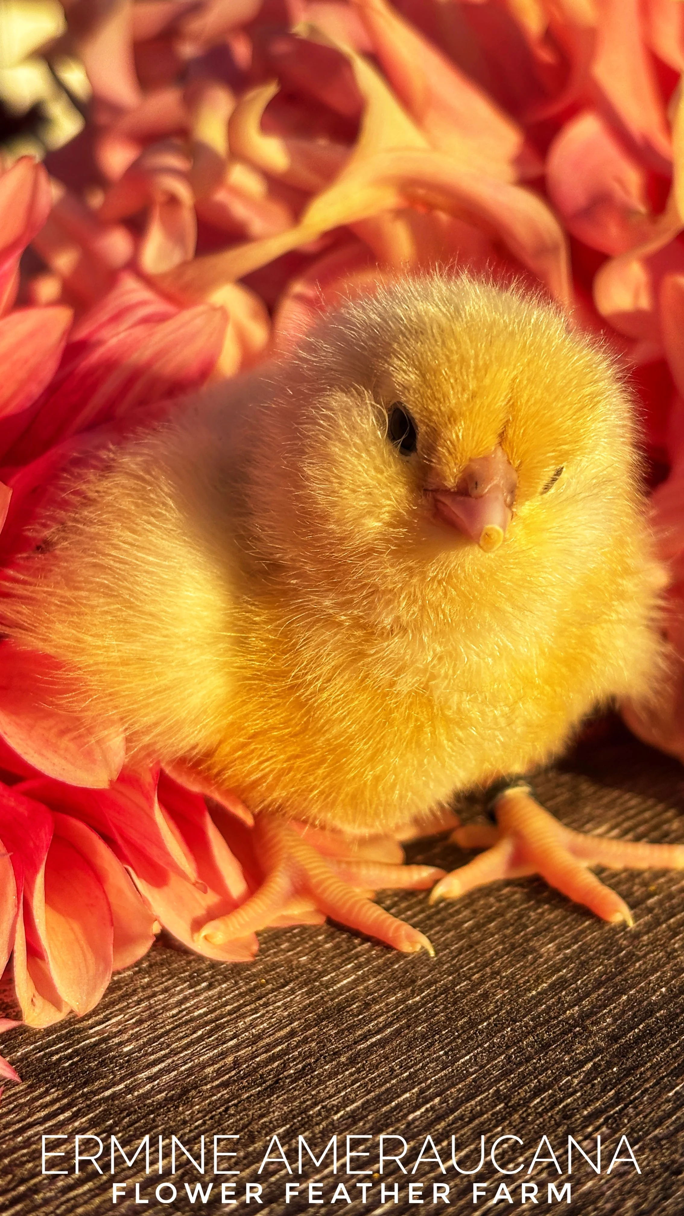 Ermine Ameraucana chick in the summer dahlias at Flower Feather Farm, chicks & dahlias