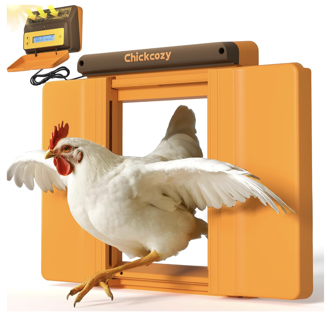 Chick Cozy solar-powered automatic chicken coop door that opens after dawn and closes before dusk.