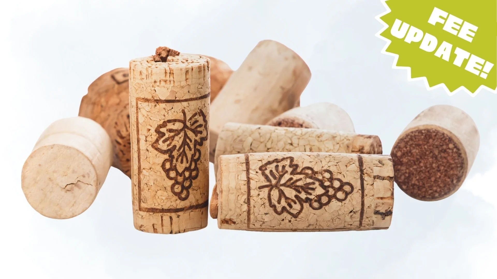 Various wine corks; a text label in the upper right corner says "Fee update!"