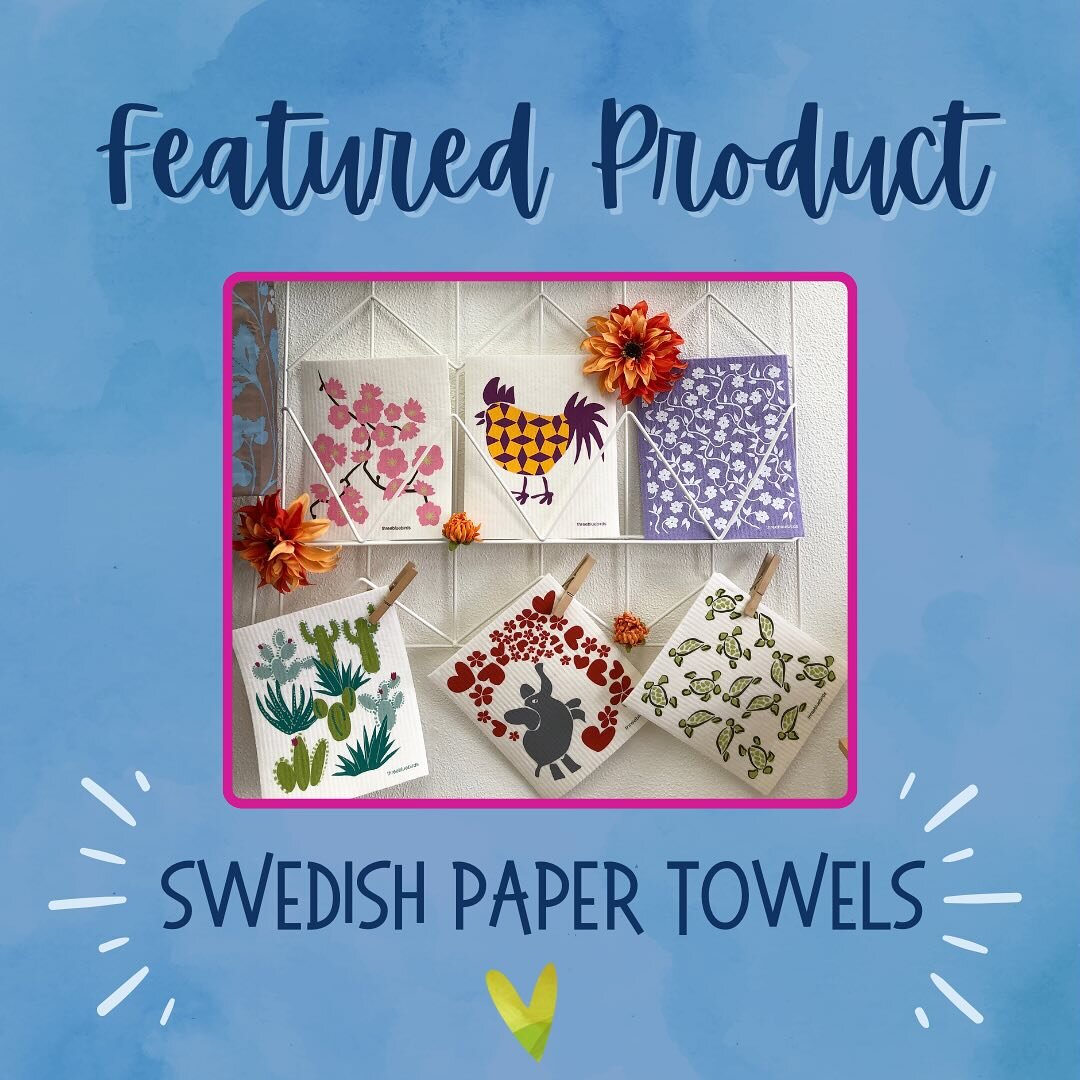 Swedish paper towels are a great way to start your eco friendly journey in your household! They can be used just like a sponge and paper towel, without so much waste. Swipe to learn about this great product. We also love all the fun designs from our 