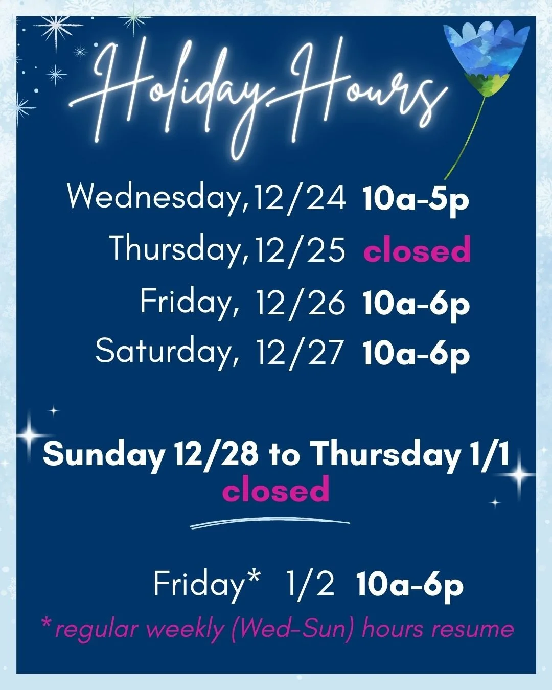 Alright, folks! We'll be closing an hour early today - at 5 pm - so scamper over soon if you're needing any last minute gifts or refills! We'll also be closed tomorrow.... 

Happy Holidays to anyone celebrating!

We&rsquo;ll be open regular hours (10