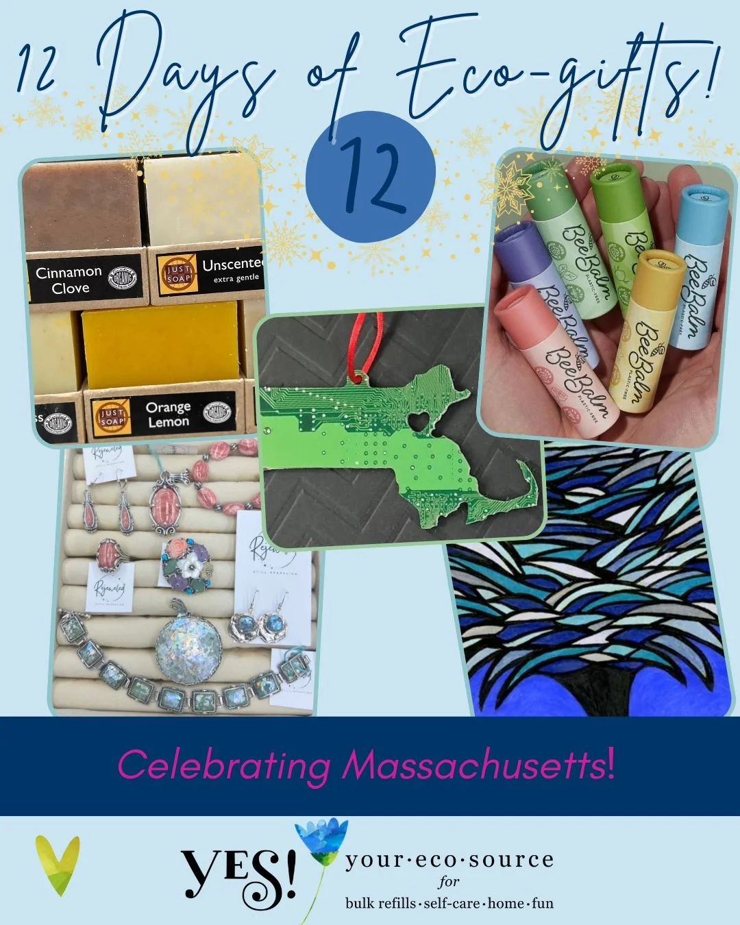 To wrap up our 12 days of Eco-Gifting, we are Celebrating Massachusetts!

From Western Mass, we have Just Soap bars - available in many delicious scents and also in unscented, with a short list of organic ingredients, and uniquely MIXED BY PEDAL POWE