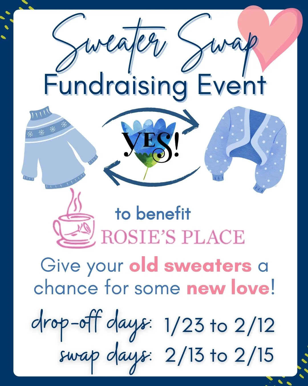2nd Annual Sweater Swap in Full Swing!!! Get yourself some cozy, new-to-you sweaters, and help support the wonderful work being done by @rosies_place - As described on their website "Through our varied programs and services, we&rsquo;ve aided in