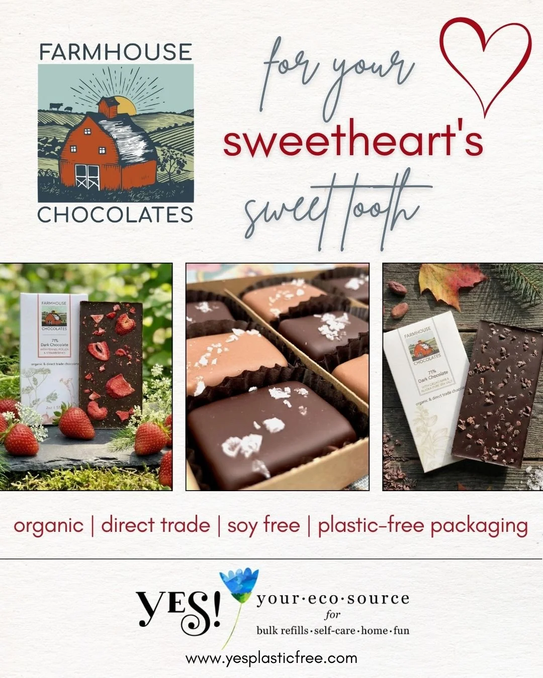 Need a gift for your sweetheart that shows you love the planet too?

This year, we are proud to be carrying sweet treats from Vermont's @farmhousechocolates!

Packaged plastic-free, these delectable confections are, in their words, "the fruits o