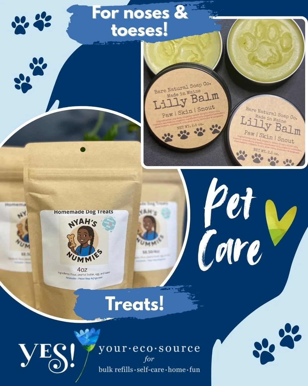 Has the long winter got your furry friend down? Are their noses and toeses chafed from all the ice and salt?

Try some soothing Lilly Balm from @barenaturalsoapco, and then reward them with a homemade treat from Nyah's Nummies, now back in stock at Y