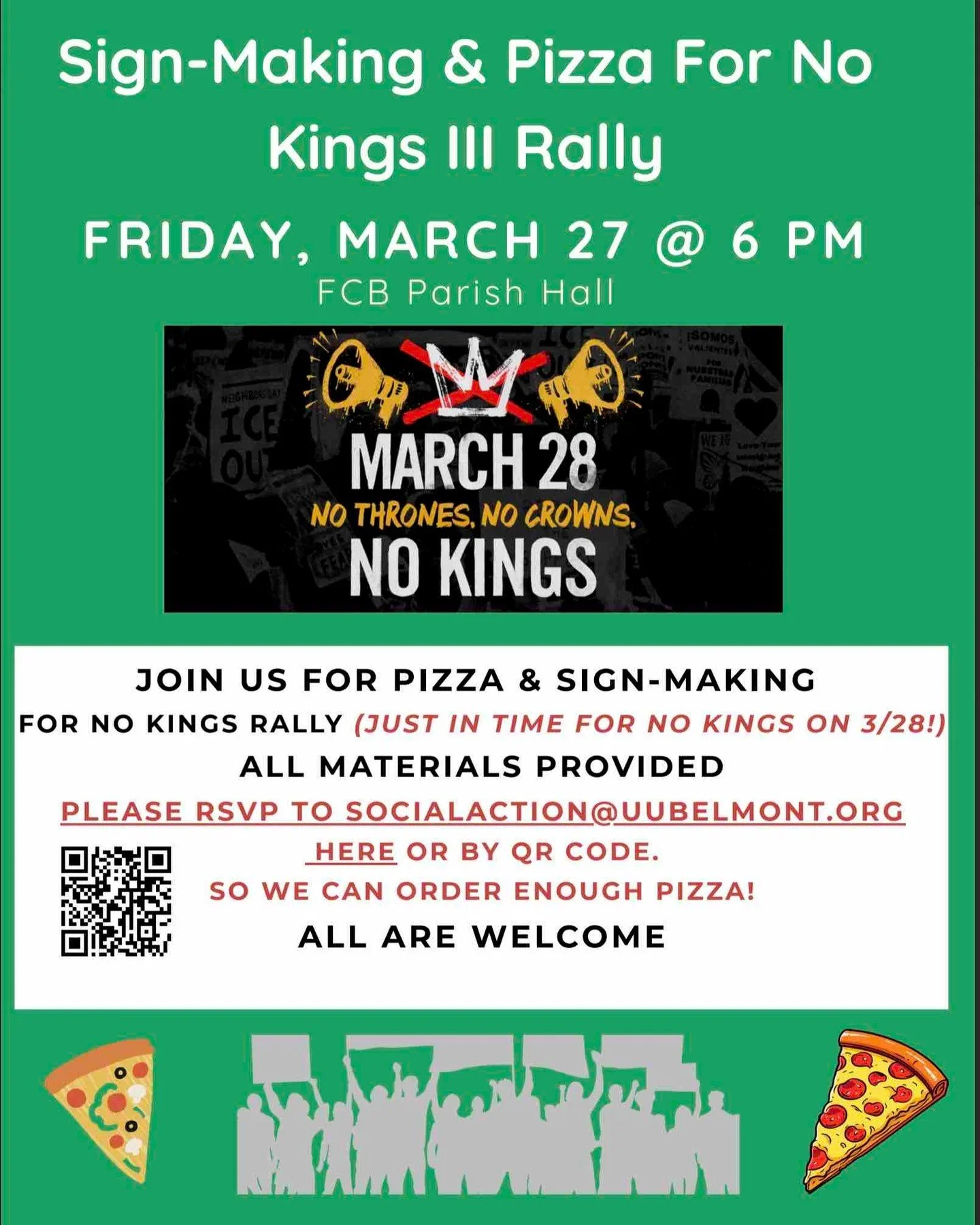 Headed to the No Kings rally in Boston on Saturay?

Join fellow rallygoers for pizza and sign making at @firstchurchbelmont TONIGHT!

RSVP to socialaction@uubelmont.org so they can order enough pizza.

#nokings #nocrowns #nodespots #democracy