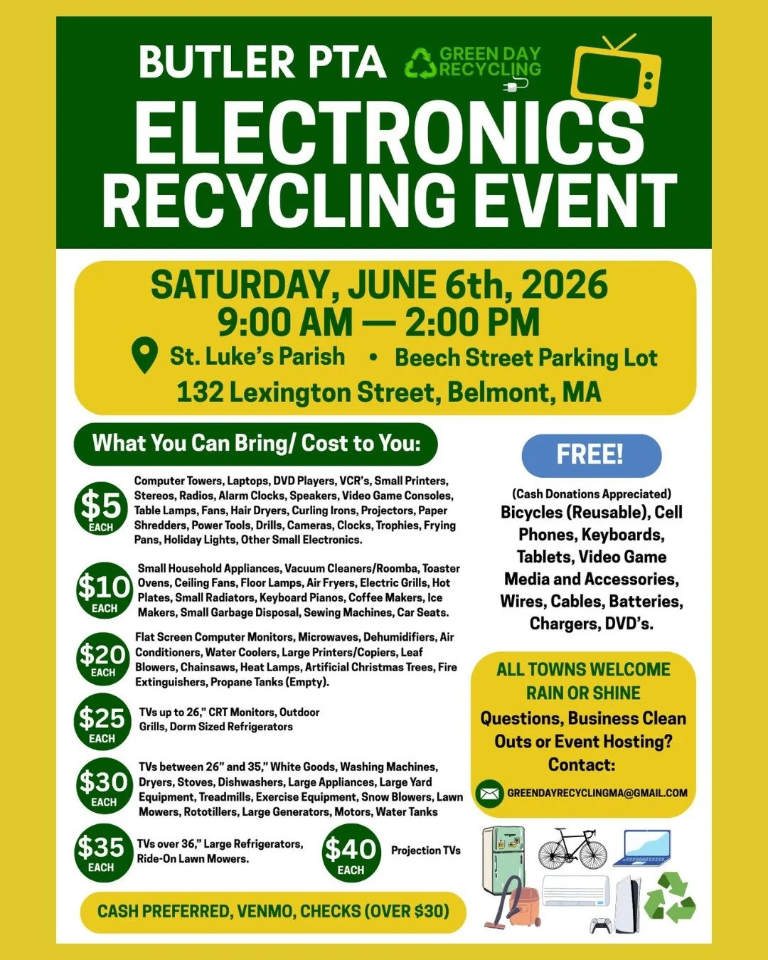 Got old electronics taking up space? This Saturday, June 6th (9AM&ndash;2PM) is your chance to clear out the clutter! 🌱

The Butler PTA's Electronics Recycling Event at St. Luke's Parish (132 Lexington St, Belmont) will take everything from laptops 