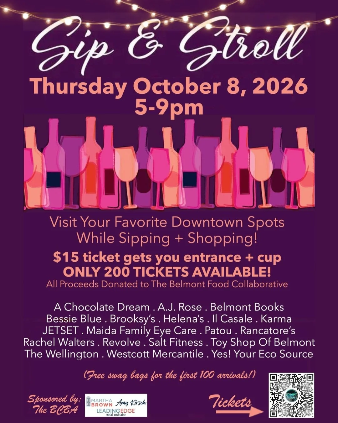 The annual Belmont Sip 'n Stroll is happening soon! It's our first one, and we're so excited to be part of it.

Visit participating local businesses on Thursday, October 8 from 5&ndash;9 PM and enjoy an evening on the town!

🎟️ Tickets are $15 per p
