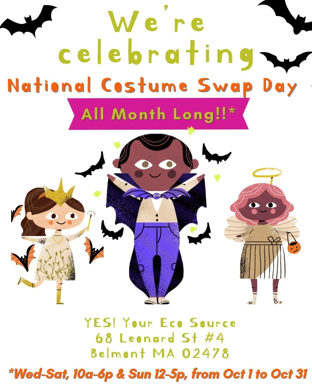 Be the first to
🎃 Our beloved Costume Swap starts today!

All October long, swap your way to a new Halloween look &mdash; donate a gently-used costume (clean, no rips or stains) and browse what others have brought in. Kids and adults welcome, no cos