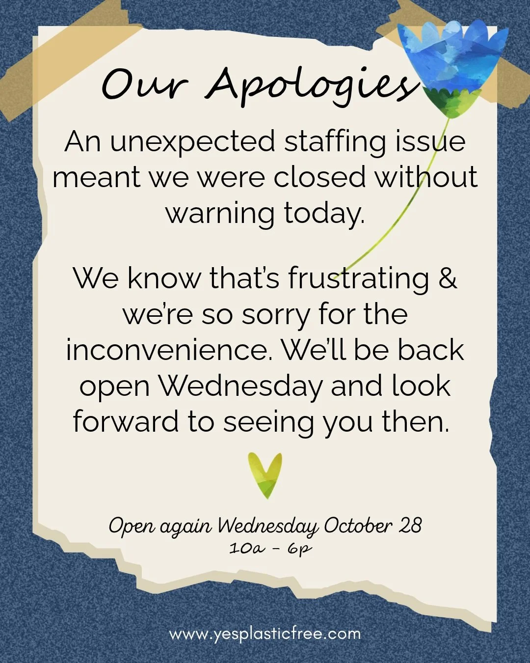 To anyone who stopped by YES! today &mdash; we owe you an apology. An unexpected staffing issue meant we were closed without warning.

We know that&rsquo;s frustrating, and we're so sorry for the inconvenience. We&rsquo;ll be back open Wednesday and 
