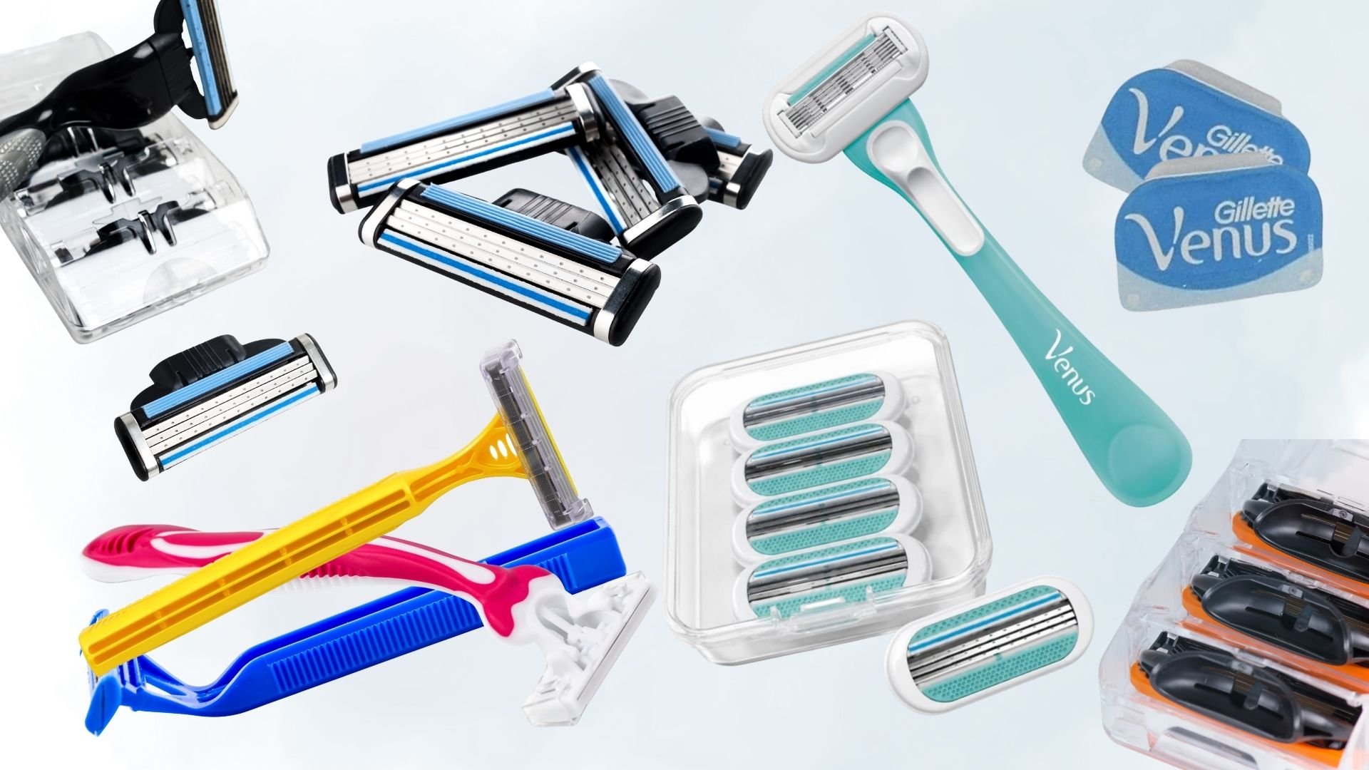 A collection of shaving razors, razor heads, and razor packaging