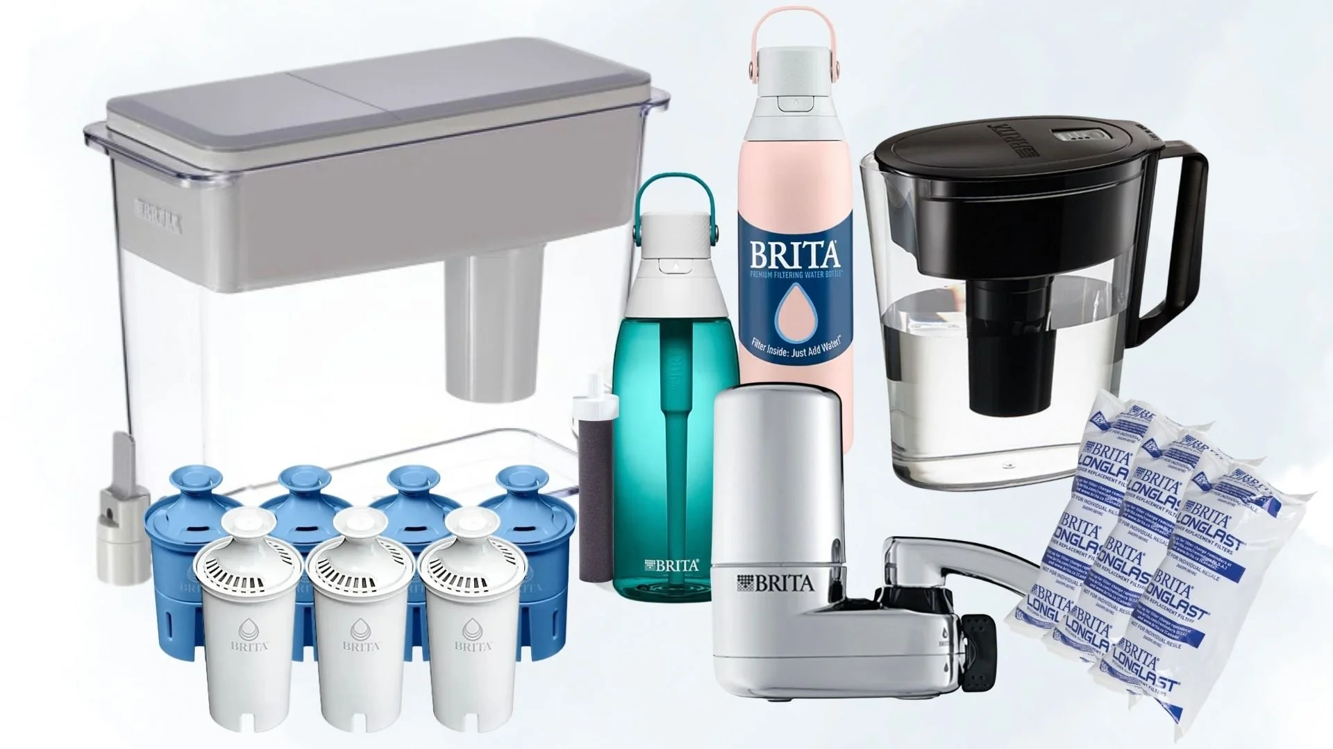 Various Brita products, including pitchers, dispensers, water bottles, filters, and faucet system