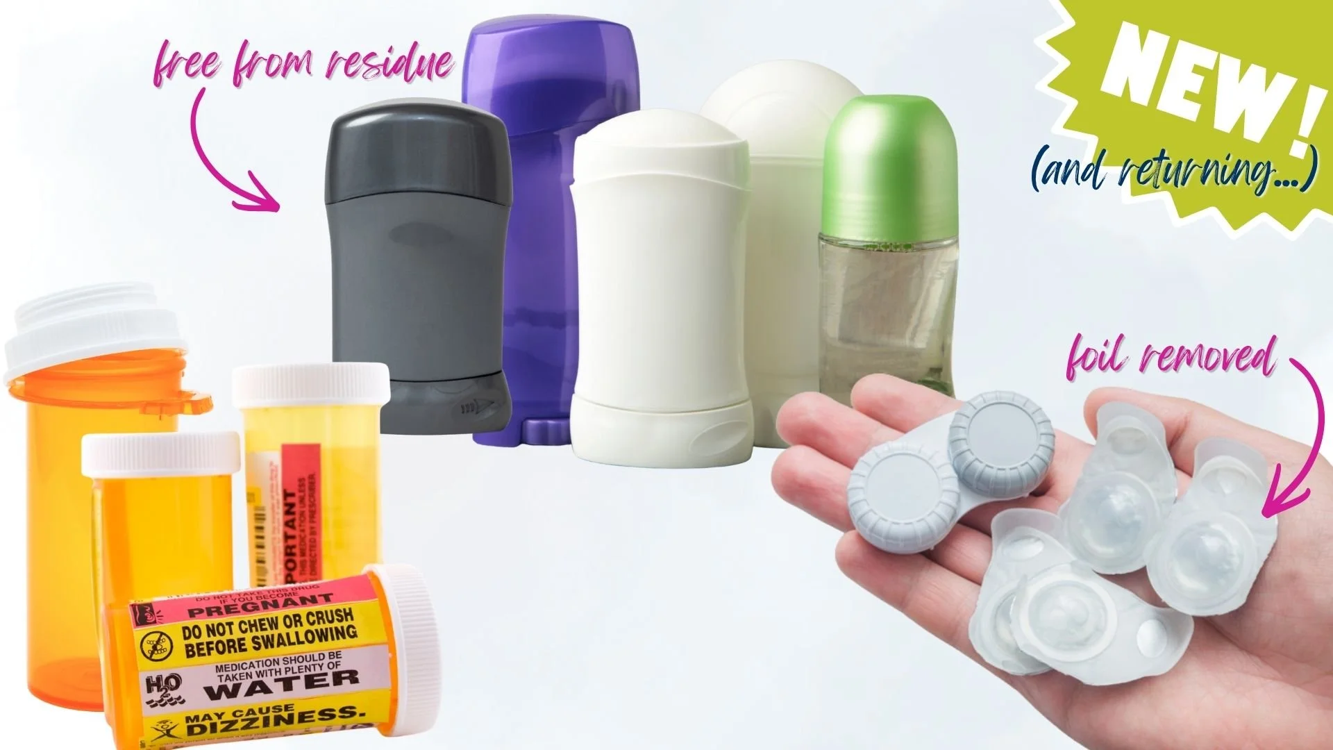 Assorted empty prescription bottles and deodorant containers, as well as a hand holding contact lens cases and single-use contact lens blister packs. Text in the upper right corner says "New"