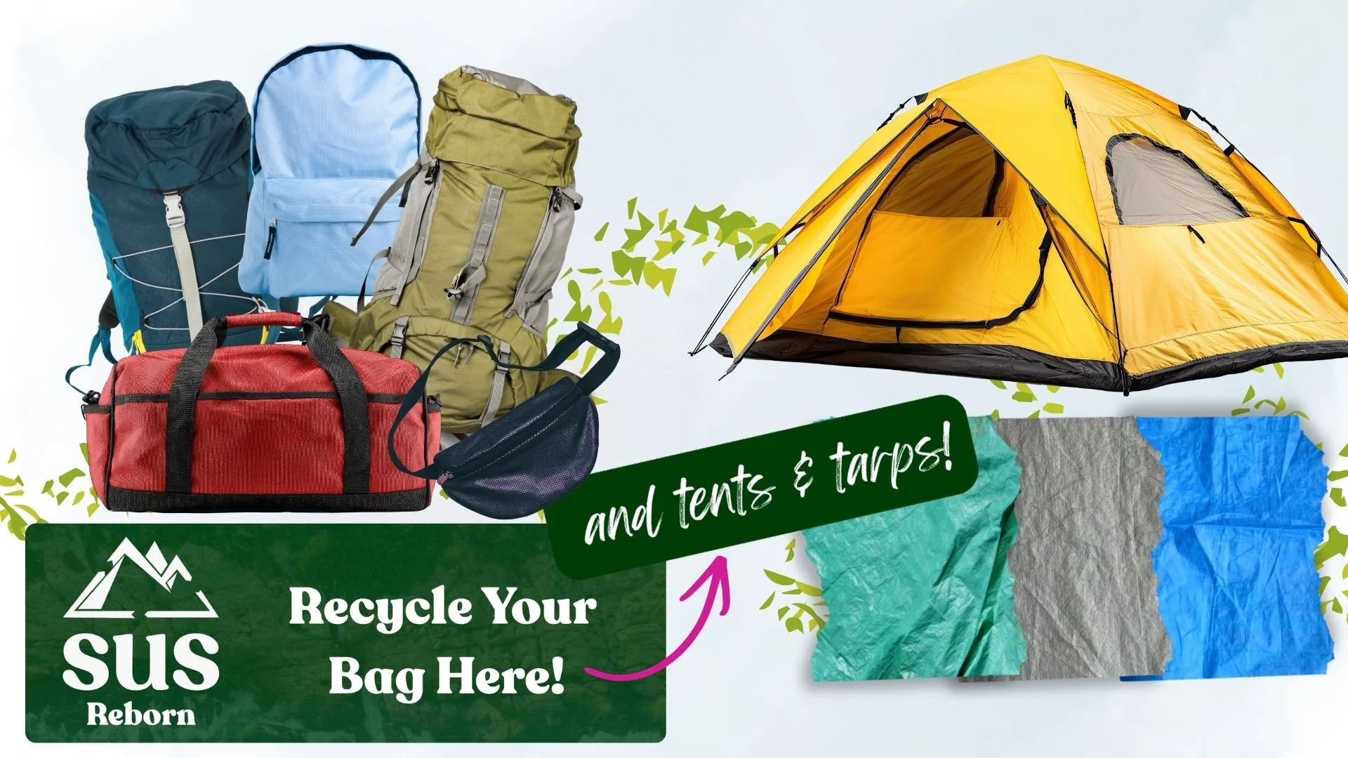 A collection of backpacks, duffle bags, fanny packs, tents, and tarp scraps with a note that says Recycle Here