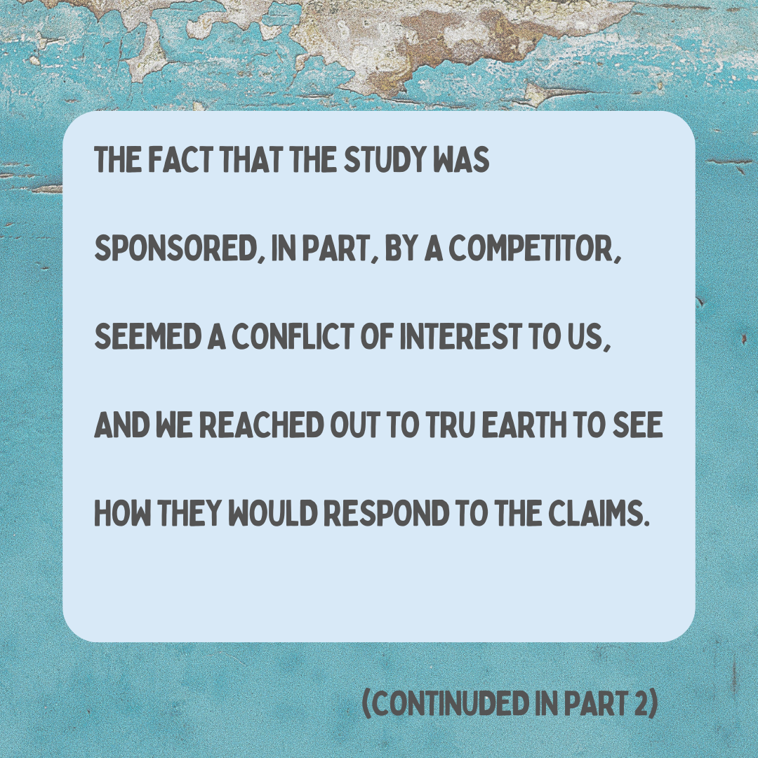 A quote about a study sponsored partially by a competitor, considered a conflict of interest. The quote is on a light blue background against a distressed, weathered teal wall.