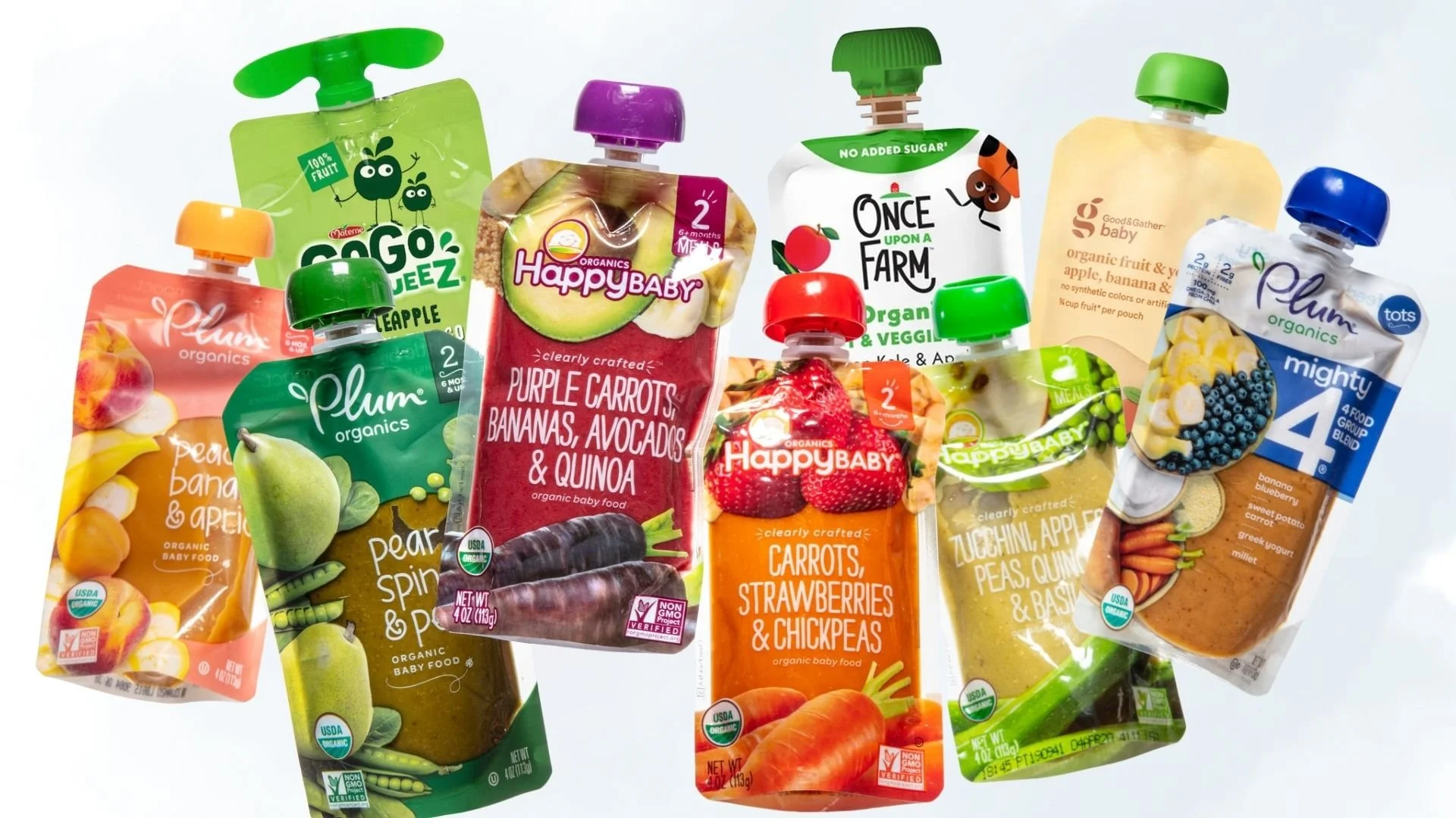 A collection of squeezy pouches from various brands