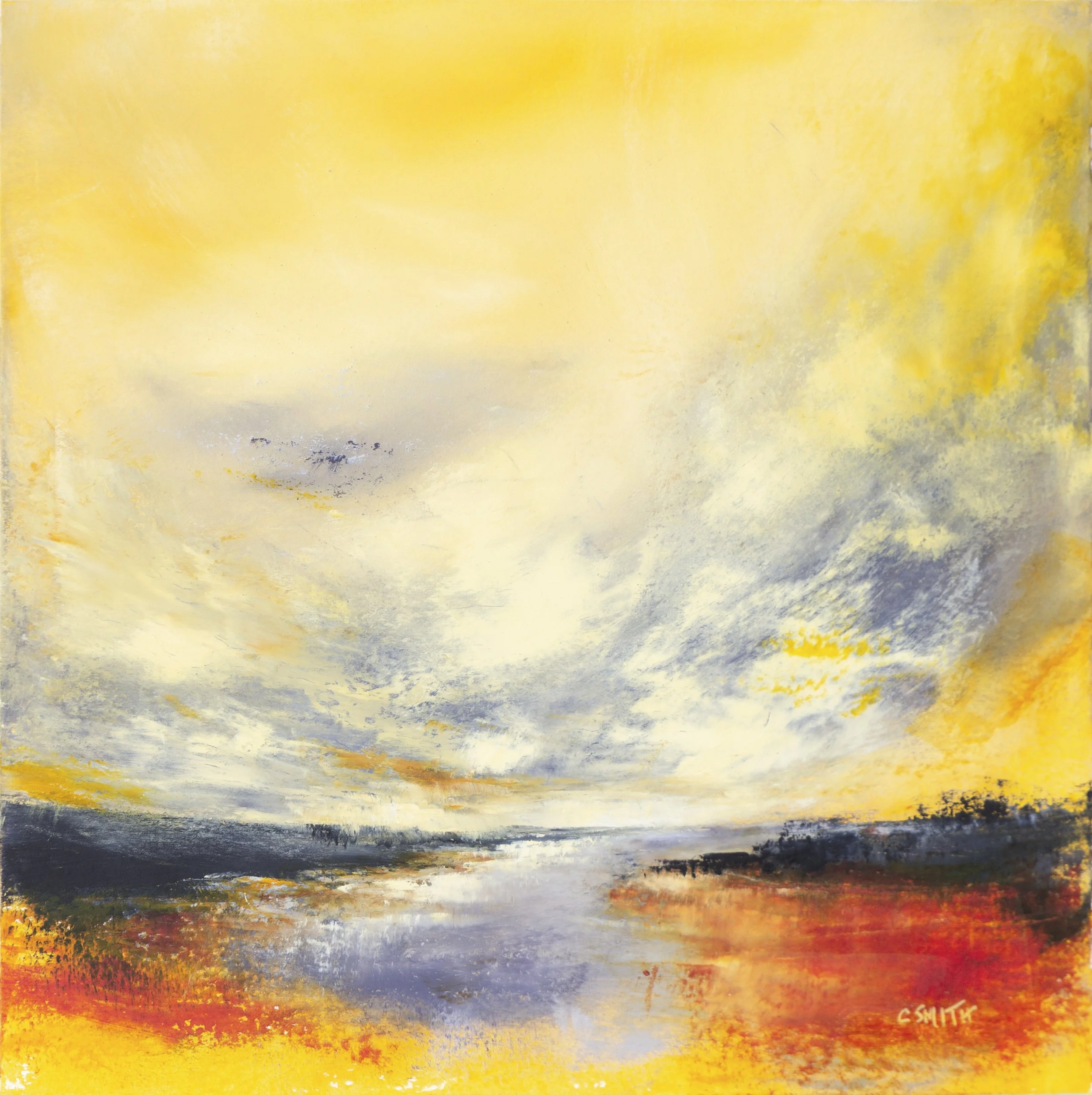 A gently lit landscape showing a wide sky opening above muted landforms, with soft peach and blue tones suggesting early morning calm.