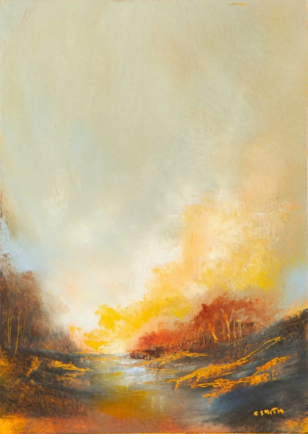 A broad, open landscape with warm fields, layered hills, and a soft sky suggesting late afternoon warmth.