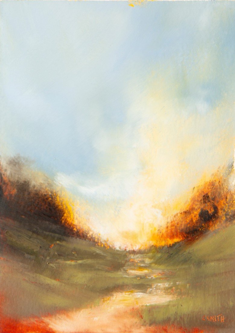 Rolling hills in layered greens and blues beneath a sky of drifting cloud, evoking distance and gentle movement.