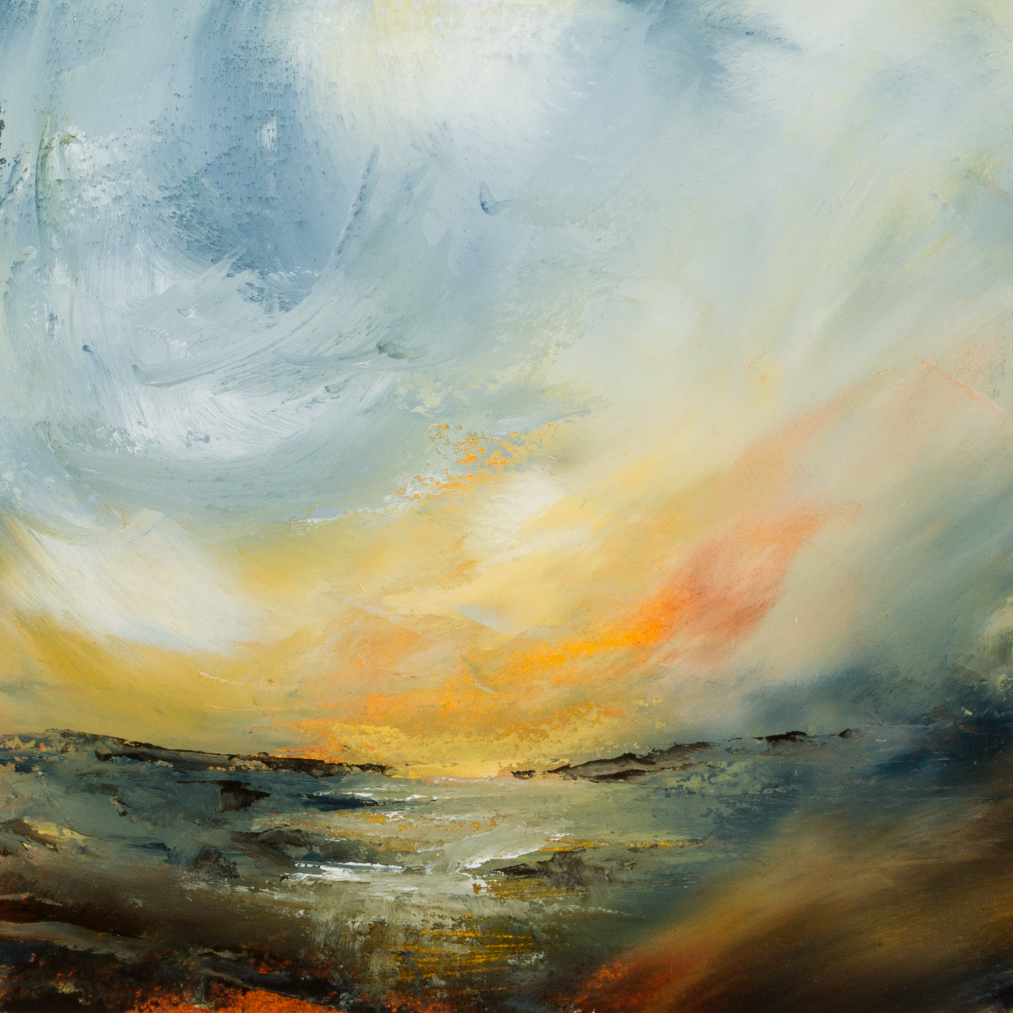 A flowing river cutting through dark earth tones, with light catching the moving water under a moody sky.