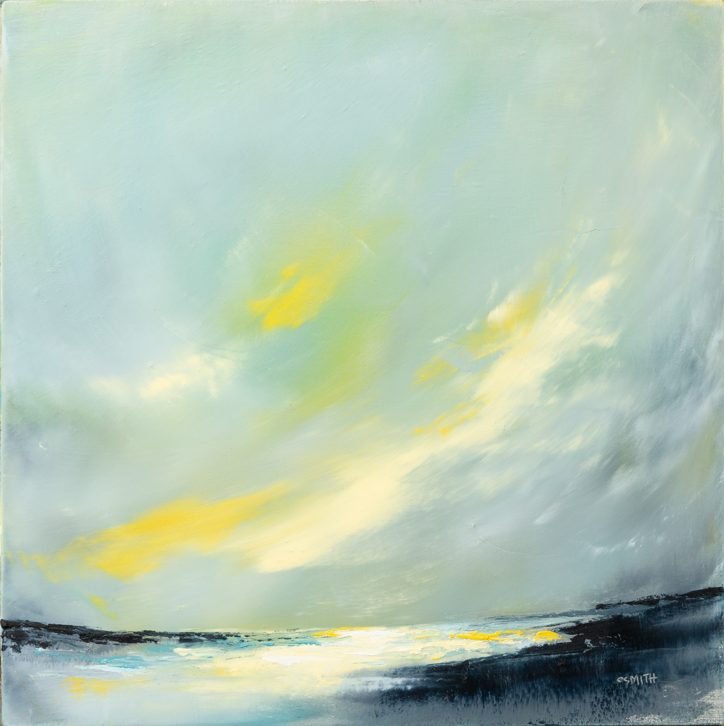 A luminous landscape with soft morning light breaking over distant hills, warm golds and pale blues blending in a quiet horizon.