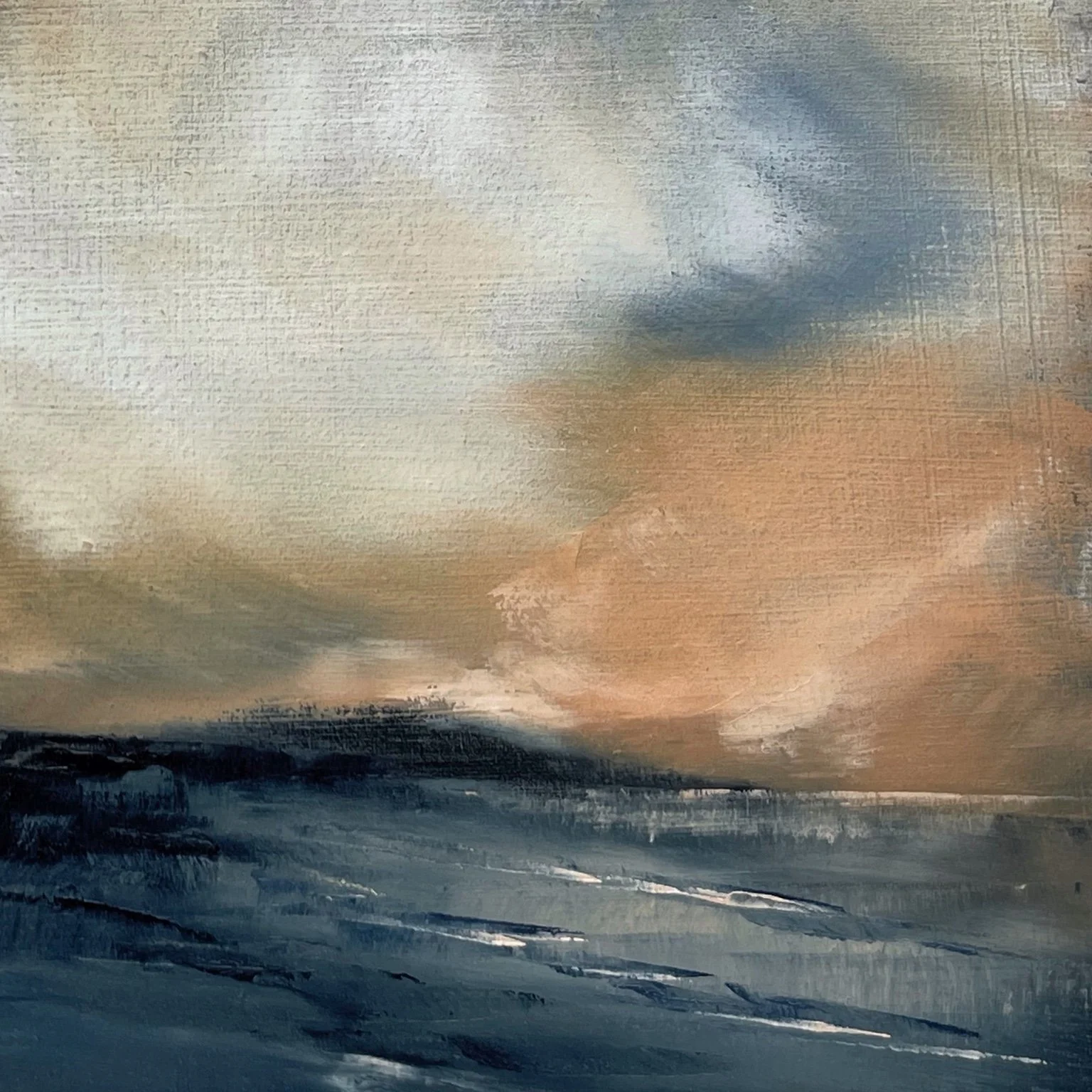 A storm-filled scene with sheets of rain suggested through shifting brushwork, the sky darkened and the land subdued.