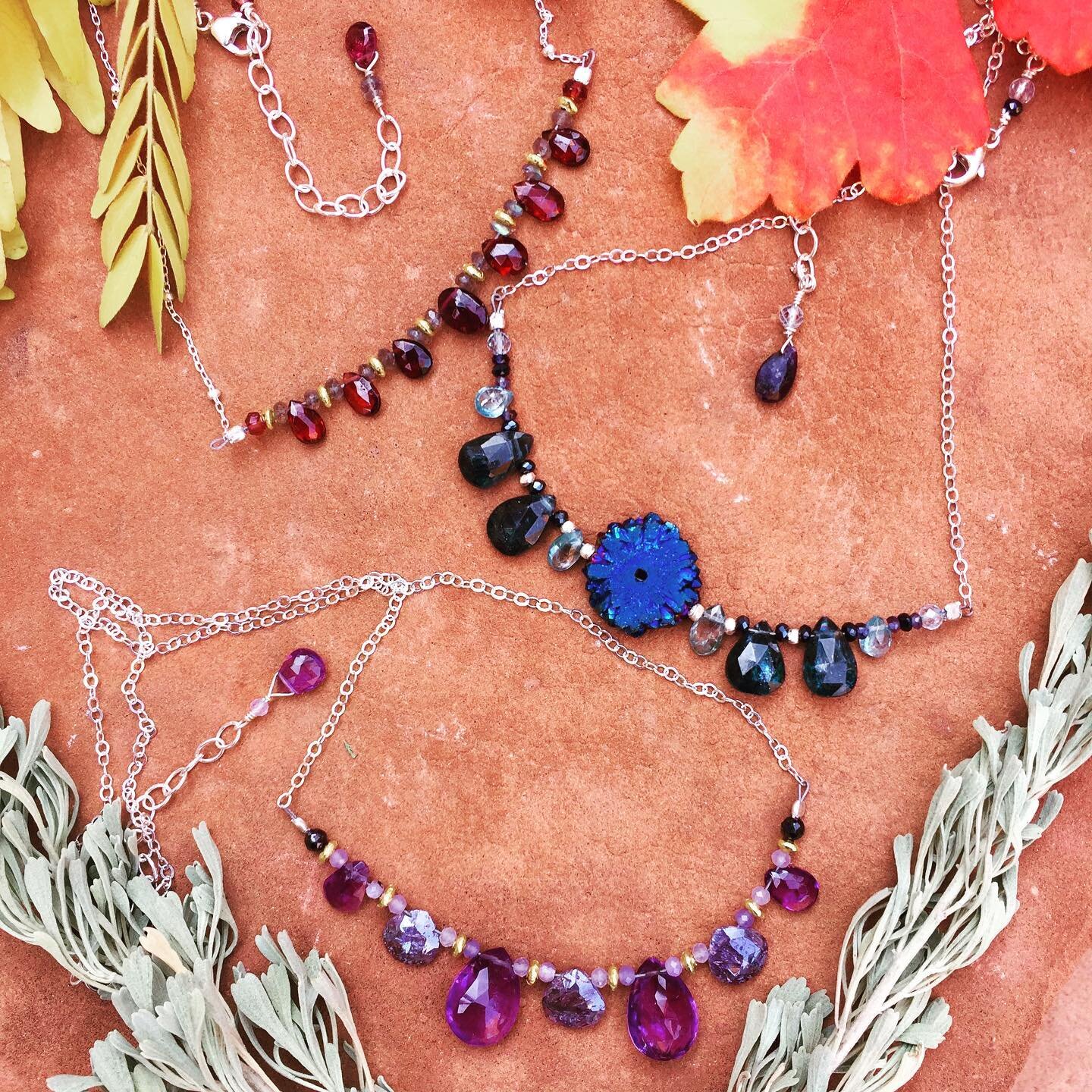 It&rsquo;s all about briolettes today: 3 colorful necklaces.  Amethyst, Kyanite and Rubellite.

#rubellitenecklace  #amethystnecklace #kyaniteandaquamarinenecklace #handcraftedjewelry #stonebirddancing #forsaleonwebsite #bluffutah