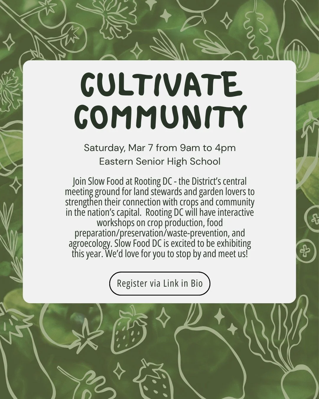 Slow Food DC is looking forward to exhibiting this year at Rooting DC. We'll be sharing Ark of Taste seeds and information for upcoming events. Find out more information and register to attend via the link in our bio. 😊