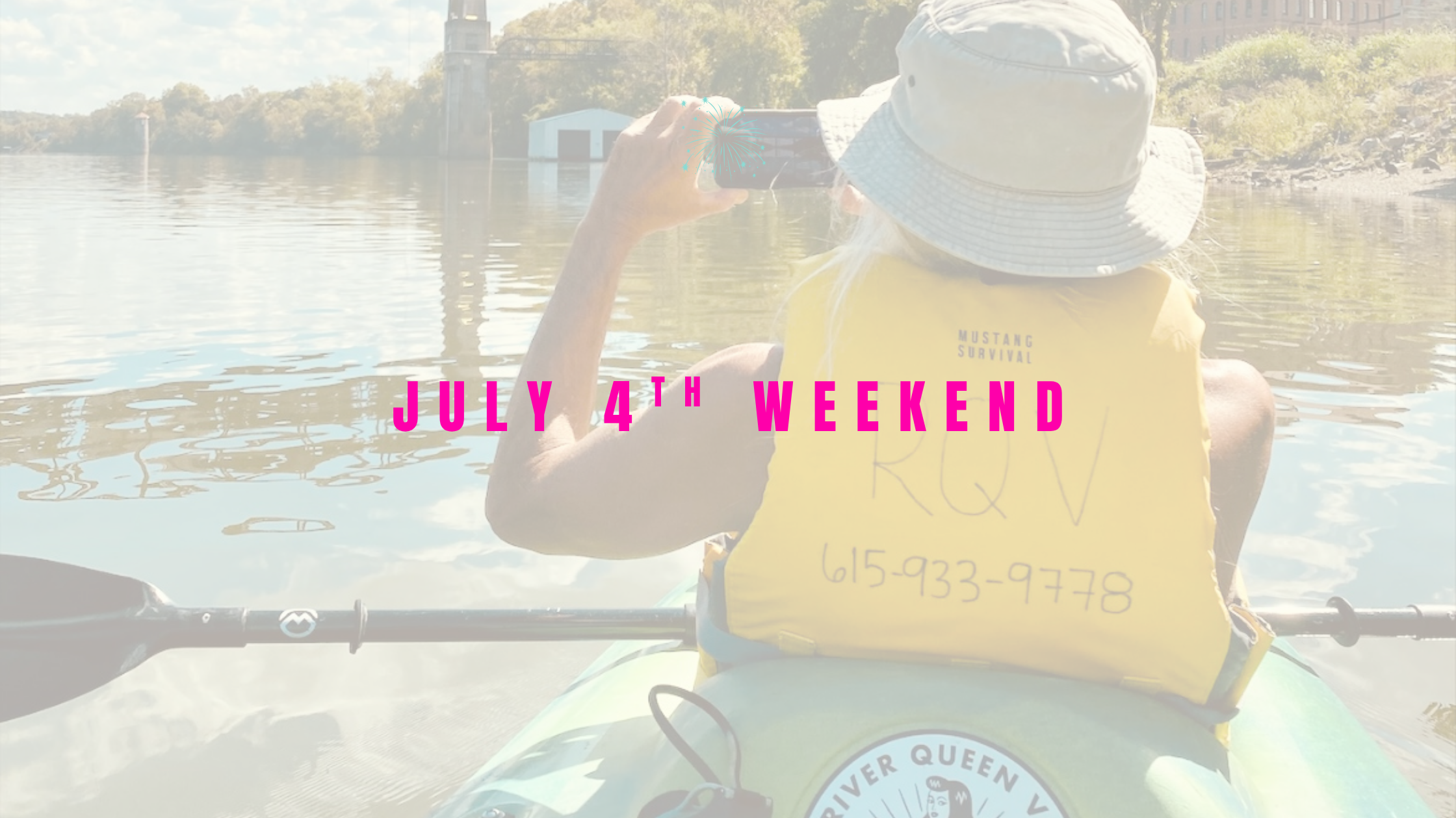 kayaker takes photo of historic shelby railroad bridge. text overlay reads 'july 4th weekend"