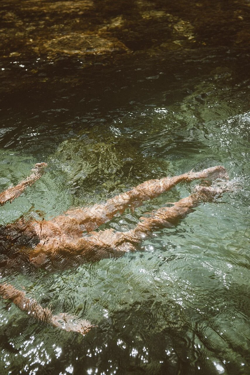 A pair of partially submerged, twisted, brown tree roots in a clear, gently flowing river or stream.