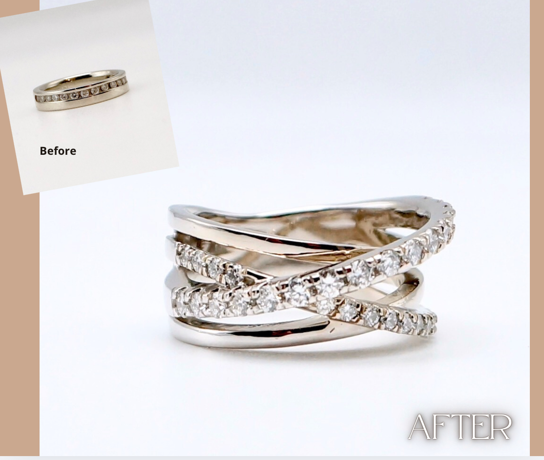 Custom design emerald cut center diamond with round accent diamonds creating a fun and elegant engagement ring. 