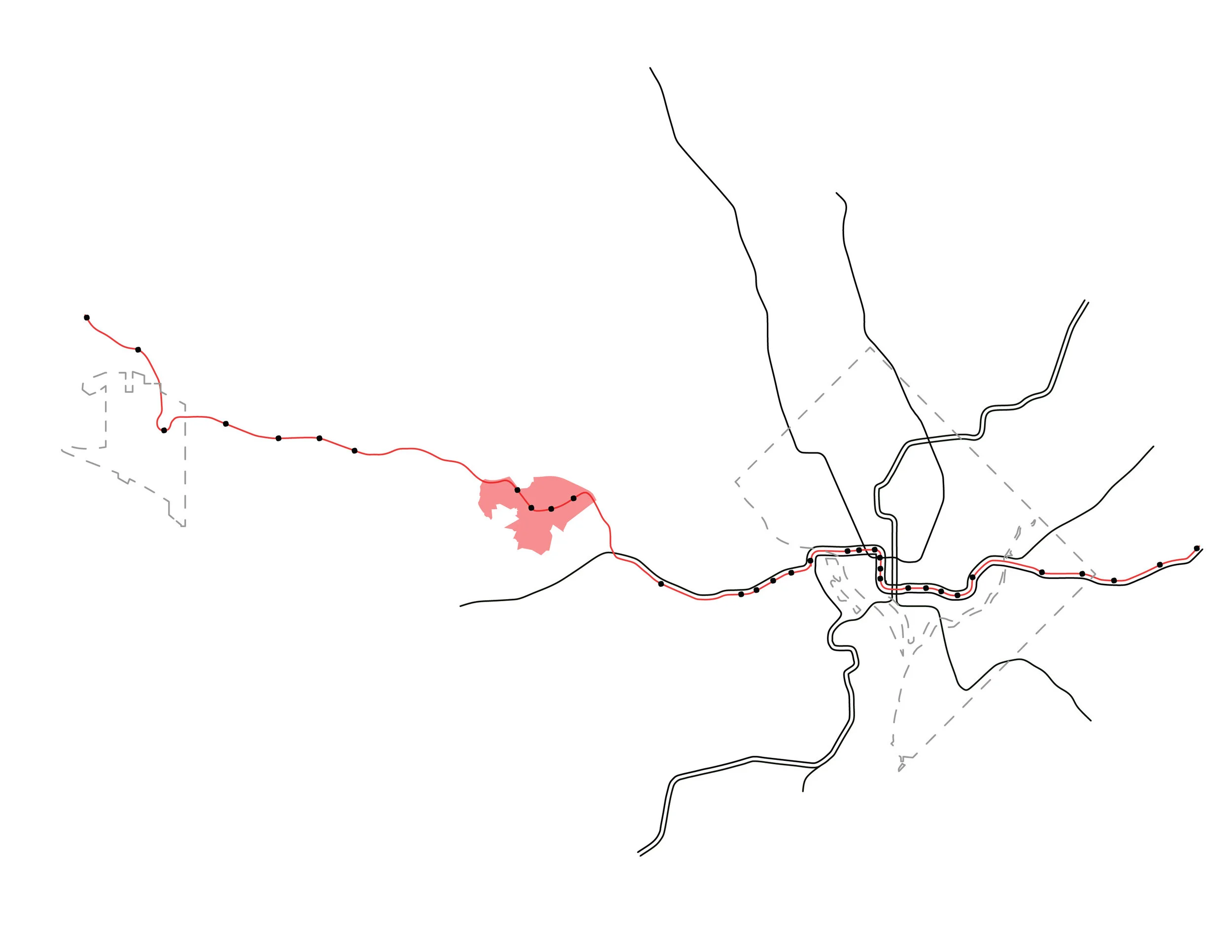 Map showing the scale of DC Metro Lines. The highlighted line is the Silver Line, the most recent and longest line within the Metro system. It spans all the way to Dulles International Airport, intentionally placing 4 stops in Tysons, VA (highlighted