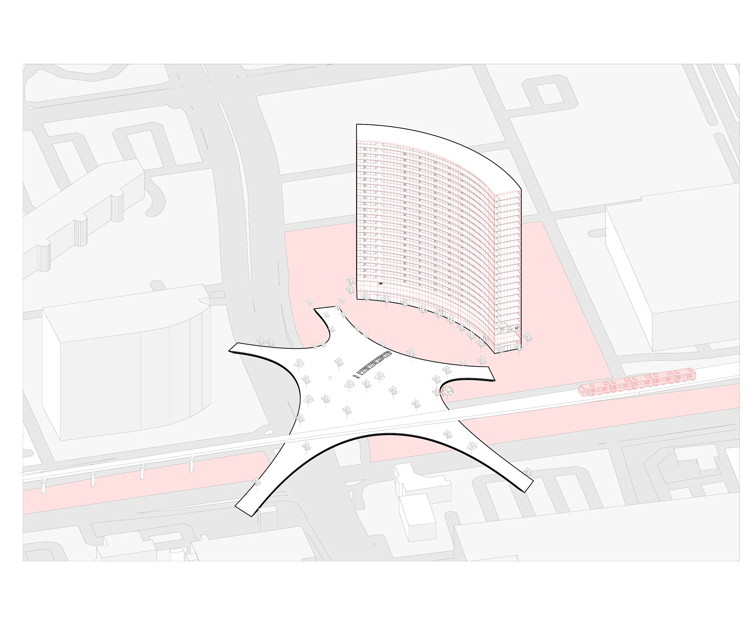 A proposed connection hub facilitates connection across the boundary of major roads and the subway. A proposed residential building makes use of currently empty lots and promotes long term stay in Tysons.
