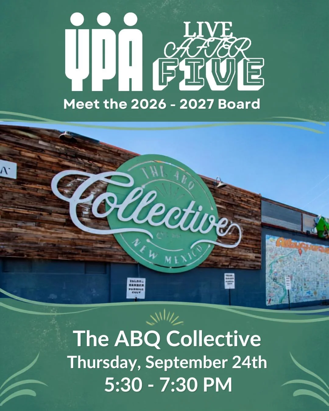 Want to connect with the people shaping the future of YPA? This is your chance! 

Come to @theabqcollective next Thursday night to meet our new Board of Directors and check out one of Albuquerque's coolest gathering spaces. 

🆓 This Live After Five 